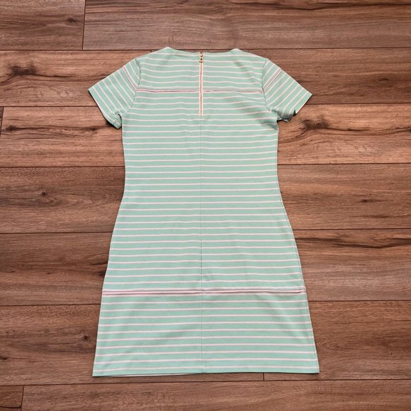 Sail To Sable Shift Dress SZ Small Short Sleeve Mint Green Stripe Gold Back Zip - Picture 8 of 10